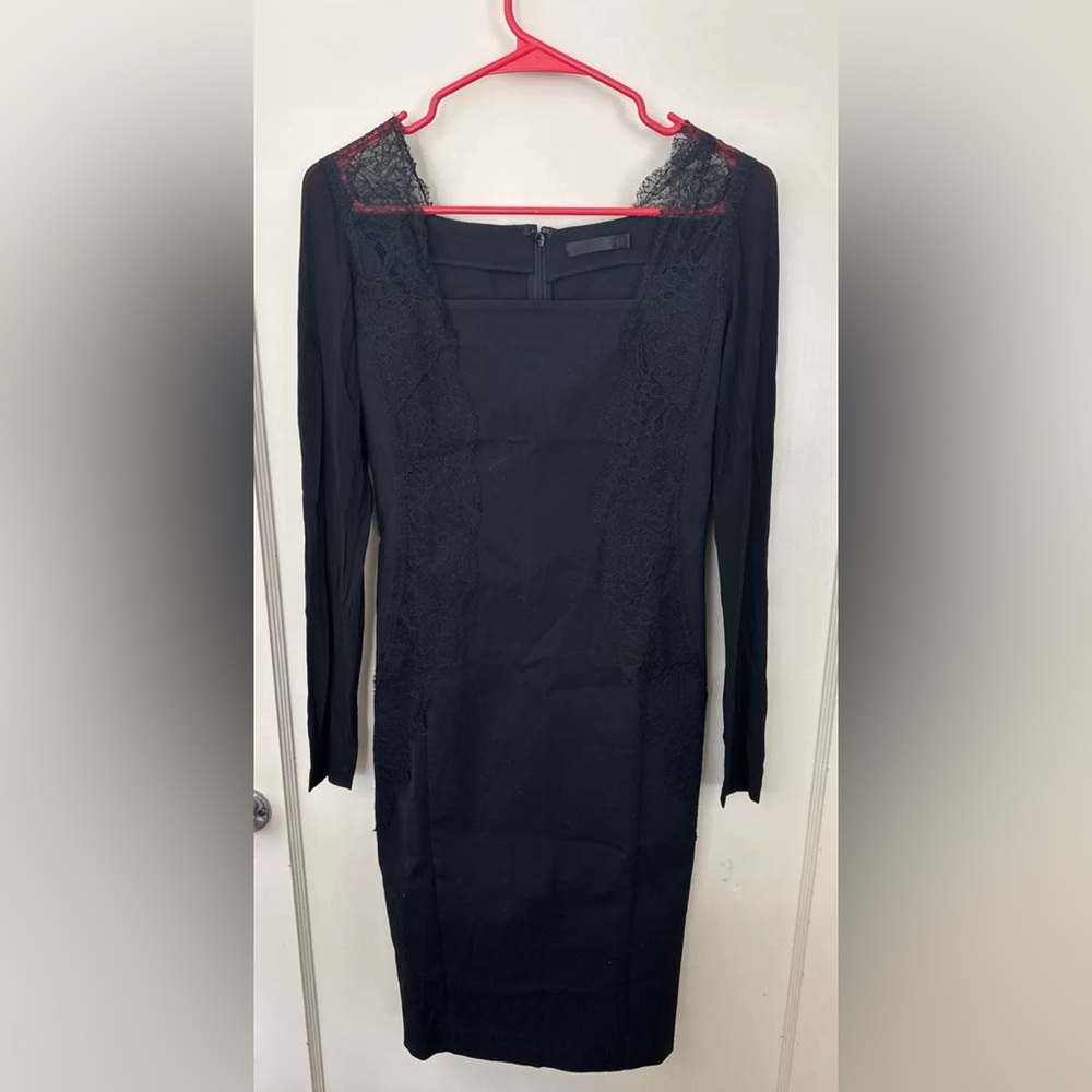 Donna Karan Dress Black Fitted Stretch Lace Trim Long Sleeve Cotton Blend Size 4
